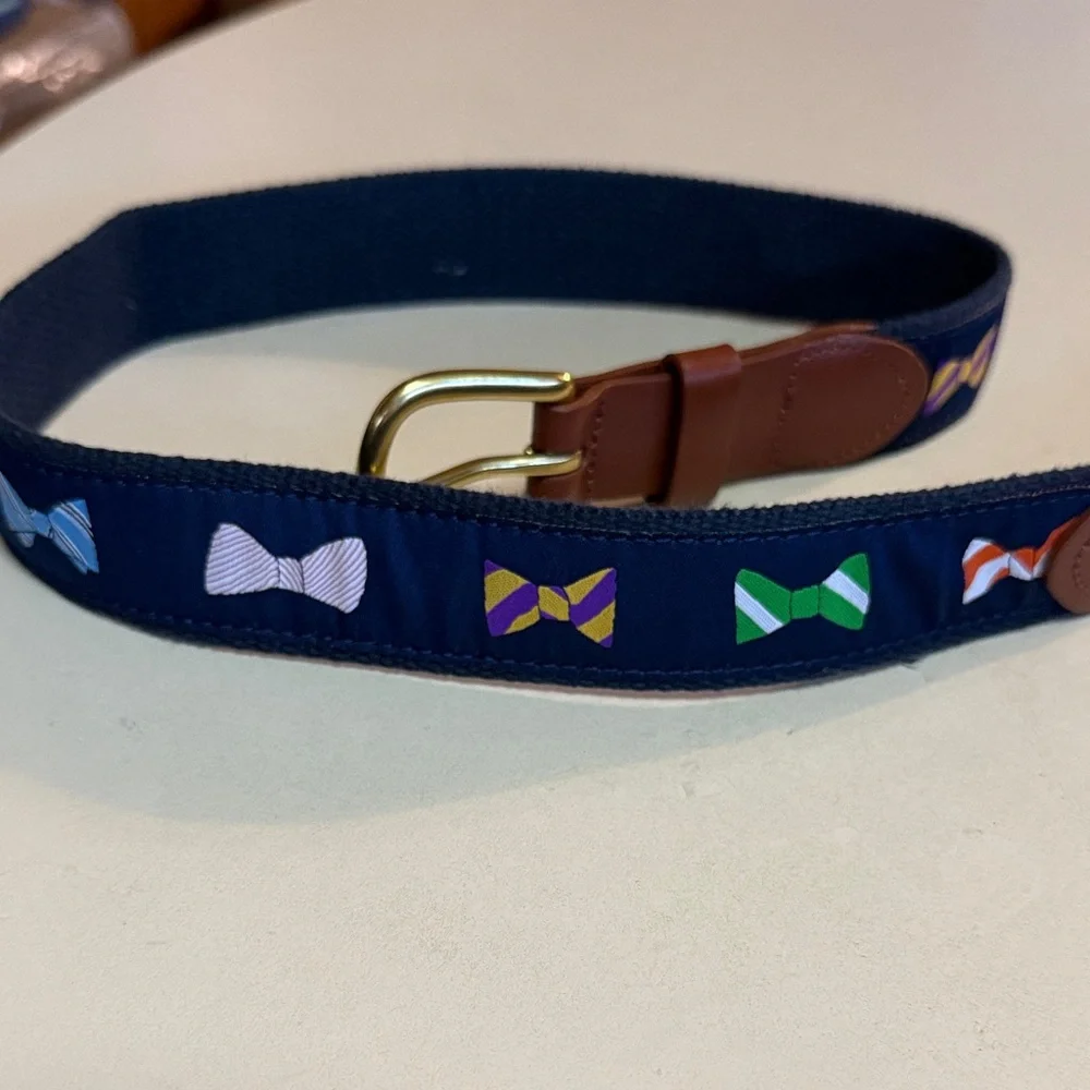 Leather Man Ltd Boys 28 Navy Belt with Bow Tie Design and Brown Leather
